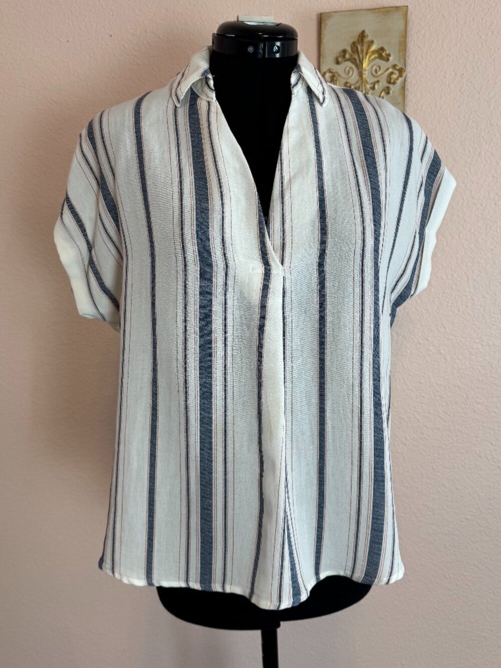 Spring Staple Nautical Striped Pullover Shirt Back Button detail~LG Anthro MINE
